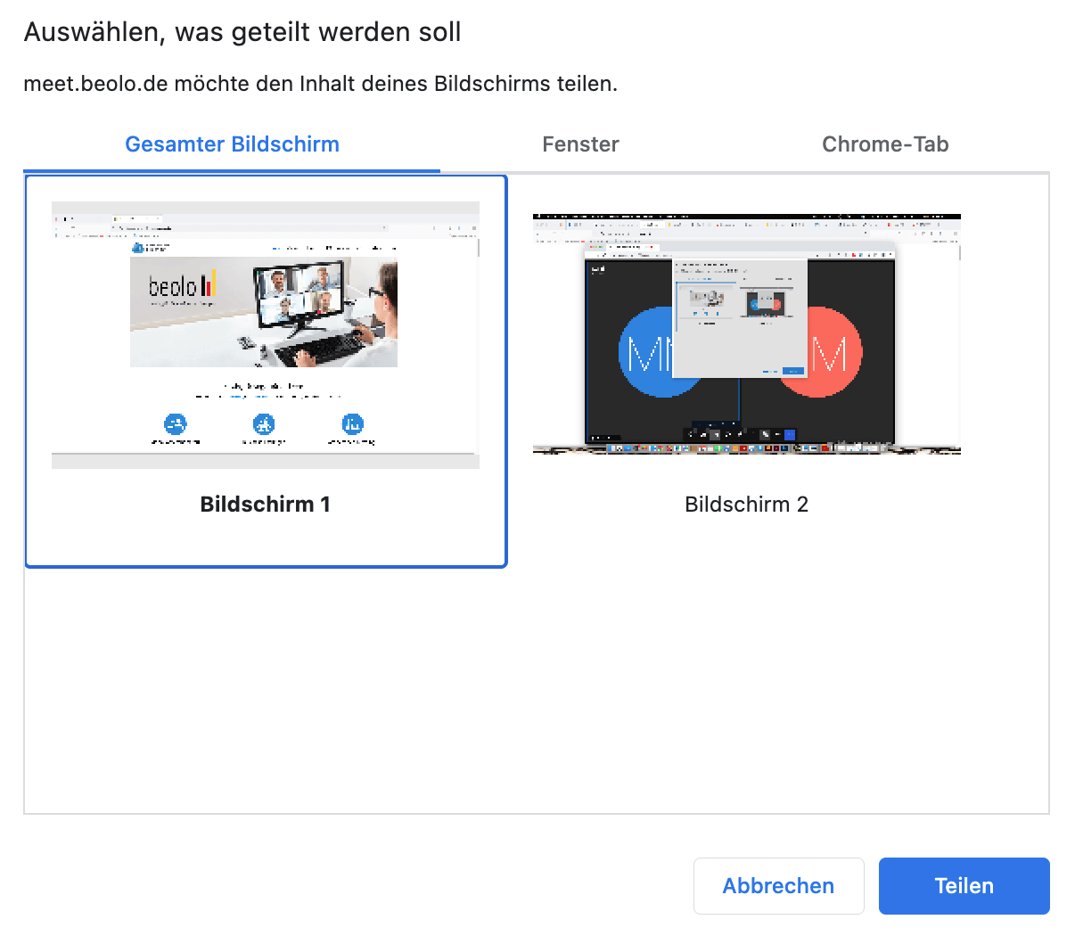 Jitsi Meet Bildschirmfreigabe Auswahl