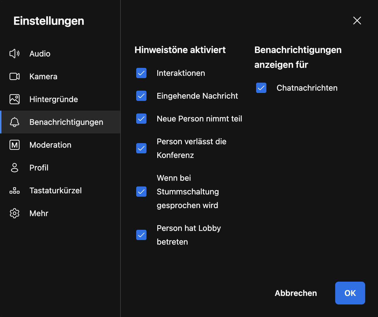 Jitsi Meet* Einstellungen Jitsi Meet Einstellungen Benachrichtigungen