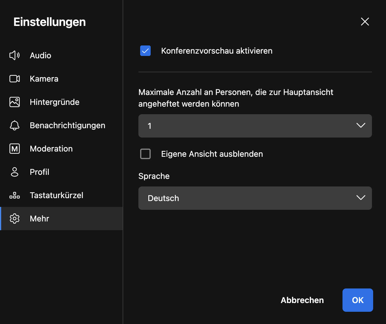 Jitsi Meet* Einstellungen Jitsi Meet Einstellungen Mehr