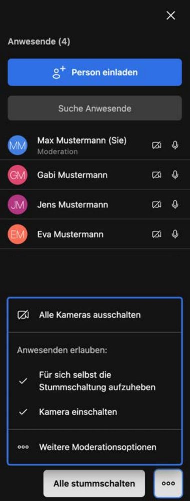 Jitsi Meet* Anwesende Jitsi Meet Moderationsoptionen der Anwesenden: alle Kameras ausschalten, Stummschaltung und Kamera erlauben
