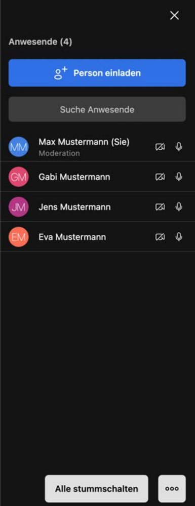 Jitsi Meet* Anwesende Jitsi Meet Anwesende Übersicht mit Person einladen, Suche und Liste der Teilnehmer:innen