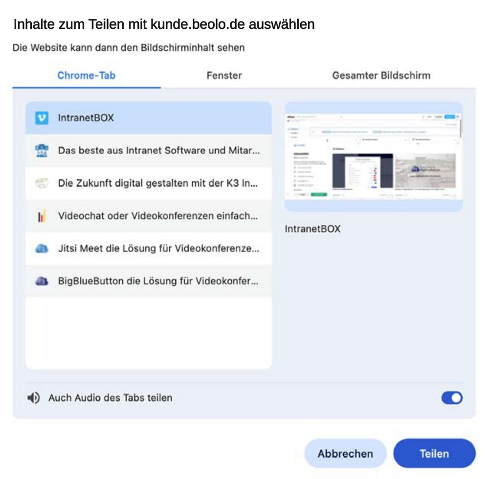 Jitsi Meet Audio teilen: Chrome-Tab auswählen und „Auch Audio des Tabs teilen“ aktivieren