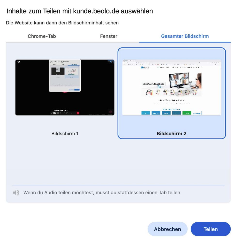 Jitsi Meet* Bildschirmfreigabe Jitsi Meet Bildschirmfreigabe: Auswahl von Chrome-Tab, Fenster oder gesamtem Bildschirm