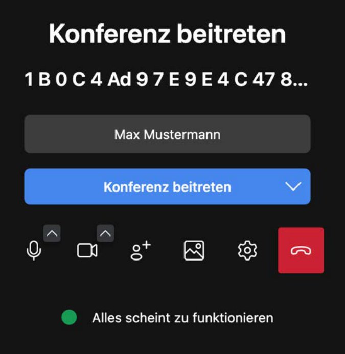 Jitsi Meet* Videokonferenz als Moderator:in/Veranstalter:in Jitsi Meet Videokonferenz beitreten als Moderator:in – Vorraum mit Namensfeld und Button Konferenz beitreten